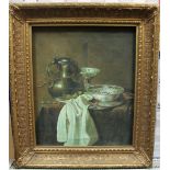 CONTINENTAL SCHOOL (19TH CENTURY) STILL LIFE OF PEWTER AND CERAMICS oil on canvas 59cm high, 49cm