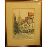 VICTOR NOBLE RAINBINY, IN OLD ROUEN watercolour on paper, signed and titled 40.5cm x 27.5cm Mounted,