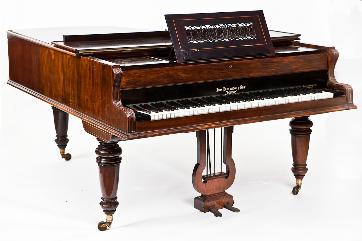 EARLY 20TH CENTURY JOHN BROADWOOD INLAID ROSEWOOD GRAND PIANO with turned tapered legs,