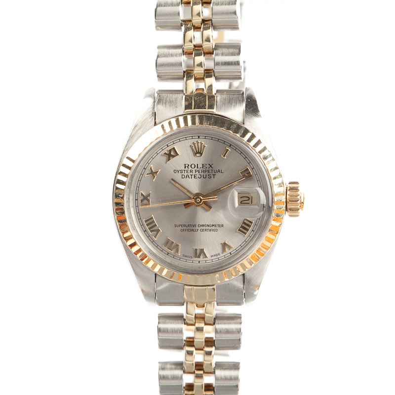 LADY`S BI-COLOUR ROLEX OYSTER PERPETUAL DATE JUST WRIST WATCH the dial with Roman numerals and