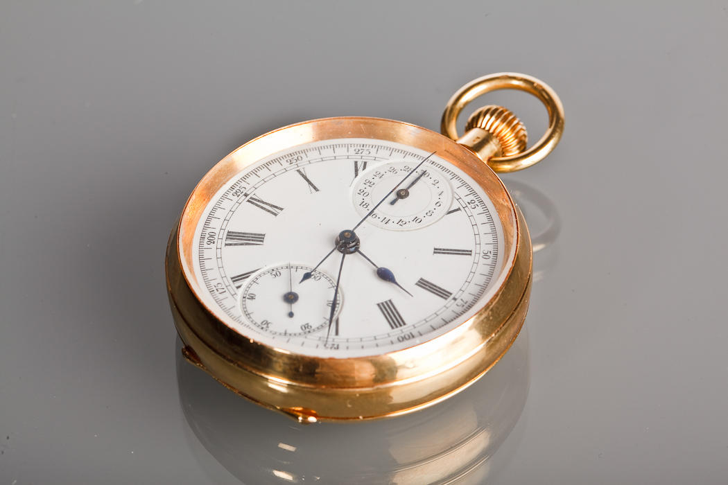 EIGHTEEN CARAT GOLD OPEN FACED CHRONOGRAPH POCKET WATCH the white enamel dial with Roman numerals