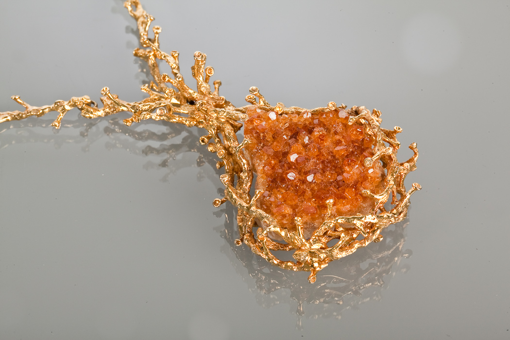 DAVID DEAKIN SILVER GILT AND QUARTZ CRYSTAL NECKLACE the large crystal on a tree branch effect