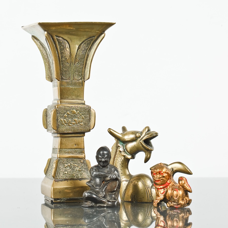 CHINESE BRASS VASE, DRAGON, LION AND A BRONZE FIGURE  the bronze figure in two parts and modelled
