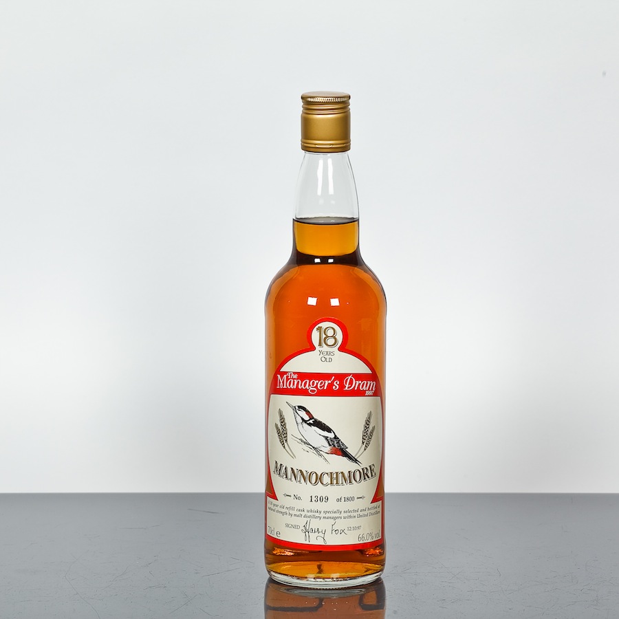 MANNOCHMORE 18 YEAR OLD MANAGER`S DRAM  Cask strength single Speyside malt Scotch whisky. Specially