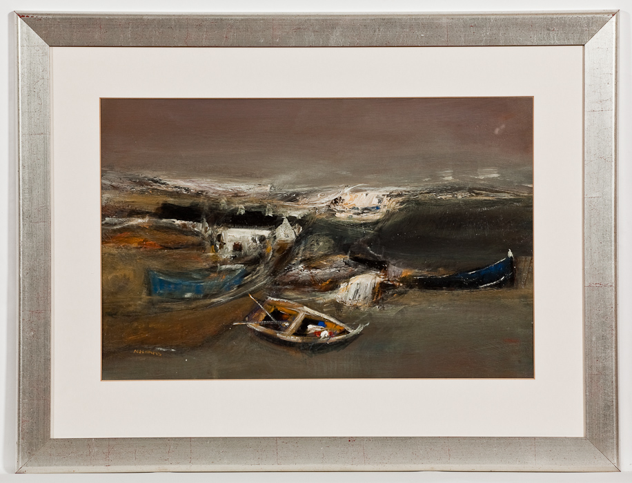 * NAEL HANNA, FISHER COTTAGES, KINCARDINESHIRE mixed media on board, signed 47.5cm x 73cm Mounted,