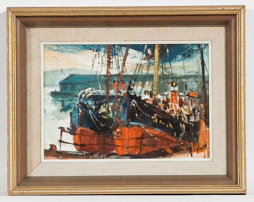 * JAMES WATT RGI, EAST INDIA HARBOUR oil on canvas board, signed, further signed and titled verso