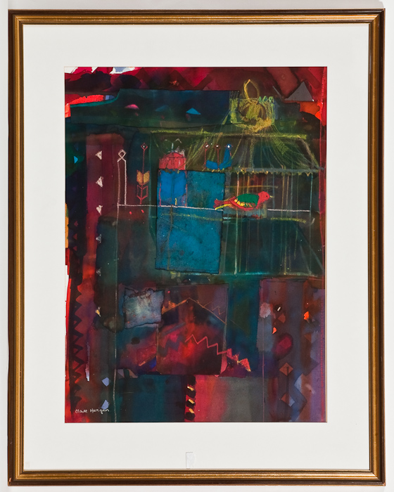 * CLAIRE HARRIGAN RSW, THE POLISH BIRDCAGE watercolour and oil pastel on paper, signed 72cm x 53cm