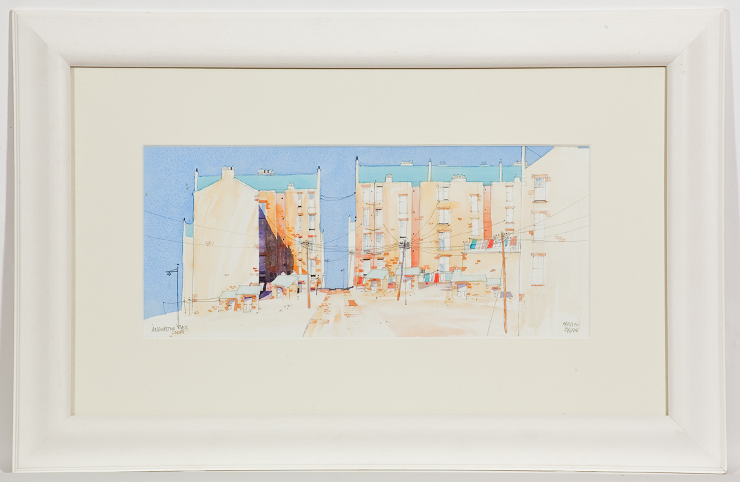 MARTIN OATES,  ANDERSTON, BACK COURT watercolour and pen on paper, signed, titled verso 24cm x 55cm