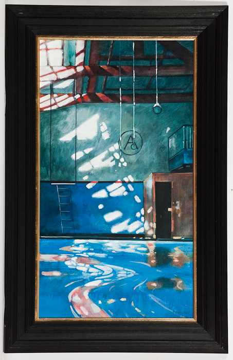 BRYAN EVANS, A SWIMMER`S WAKE - THE ARLINGTON BATHS acrylic on board, signed 62cm x 34cm Framed and