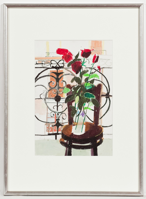 * CLAIRE HARRIGAN RSW, FLOWER VASE ON A CHAIR pastel and gouache on paper, signed 42cm x 28cm