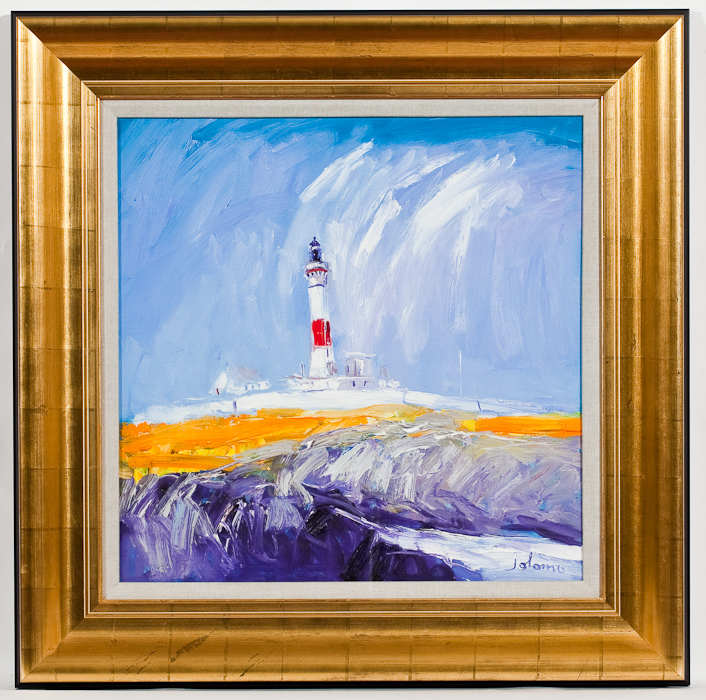 * JOHN LOWRIE MORRISON OBE  (JOLOMO), SUMMER SHOWER ON BUCHAN NESS LIGHT oil on canvas, signed,