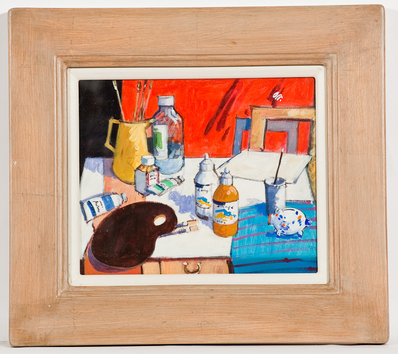 JAMES ORR, STUDIO TABLE acrylic on board, signed, titled verso 26.5cm x 31cm Framed and under glass