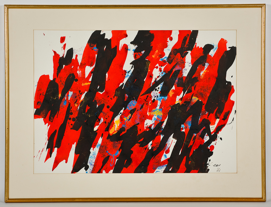 * WILLIAM GEAR  RA RBSA (SCOTTISH 1915 - 1997), RED/BLACK PROCESSION  mixed media on paper, signed