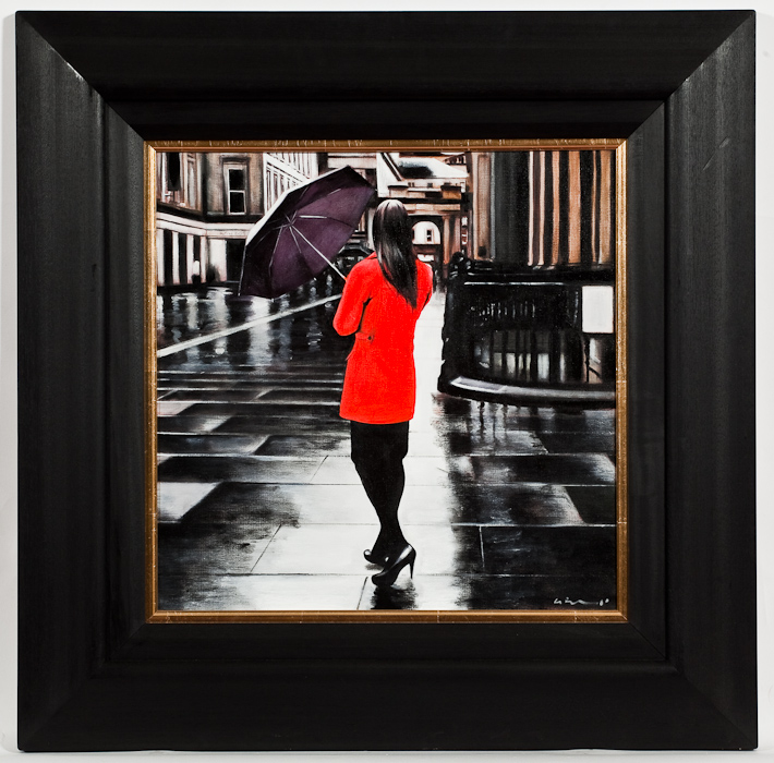 GERARD BURNS, LADY IN A RED COAT IN ROYAL EXCHANGE SQUARE oil on canvas, signed 50cm x 50cm Framed