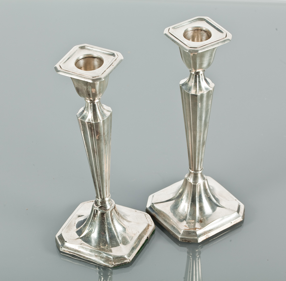 PAIR OF SILVER CANDLESTICKS of slender tapered form, maker HM, Birmingham 1938, 17cm high