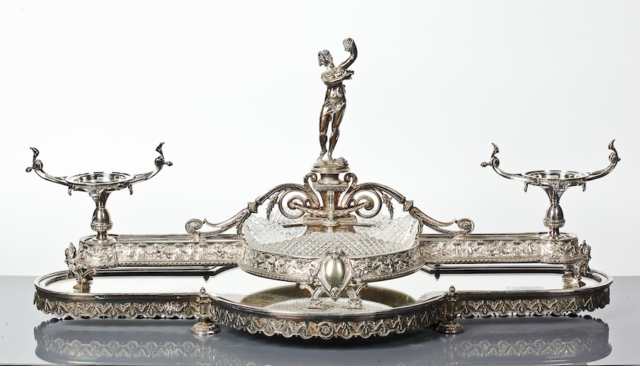 VICTORIAN SILVER PLATED CENTREPIECE  with central finial of Summer holding grapes above two