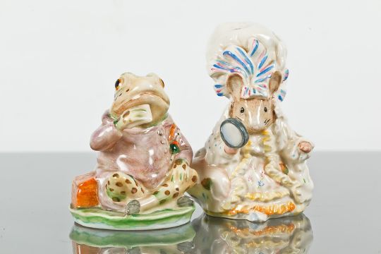 BESWICK BEATRIX POTTER FIGURES OF LADY MOUSE AND MR JEREMY FISHER with silver and gold oval marks,