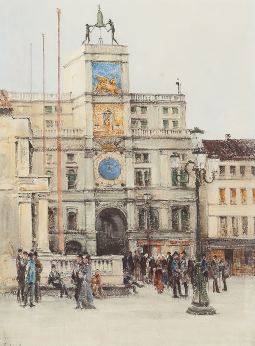 JULES LESSORE (BRITISH 1849 - 1892), ST. MARK`S CLOCK TOWER, ST MARK`S SQUARE VENICE watercolour,