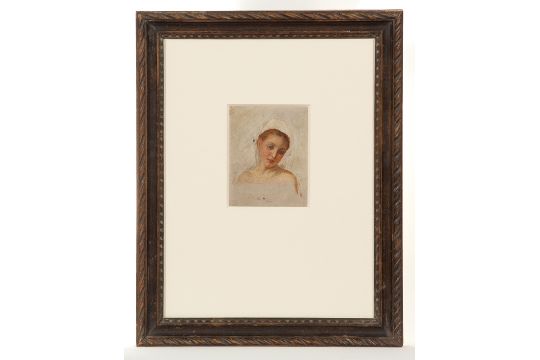 BRITISH SCHOOL (EARLY SCHOOL), STUDY OF A MAIDEN IN THE PRE-RAPHAELITE STYLE oil on card, signed - Image 1 of 2