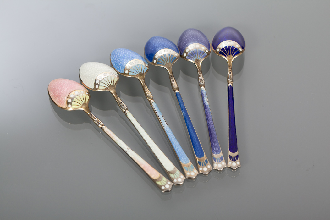 SET OF SIX NORWEGIAN GUILLOCHE ENAMEL SILVER GILT COFFEE SPOONS the bowls and terminals with fan