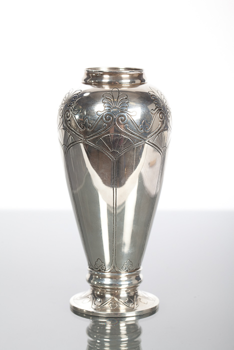 ART DECO SILVER TIFFANY & CO. VASE of high shouldered tapered form, engraved with anthemion and fan