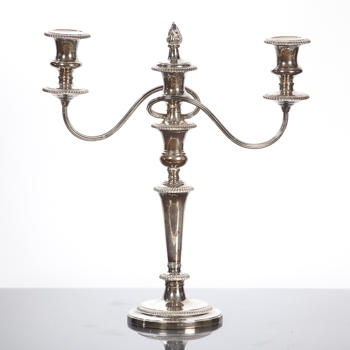 SILVER THREE BRANCH CANDELABRA with gadrooned borders, Birmingham 1970, 40cm high Good condition.