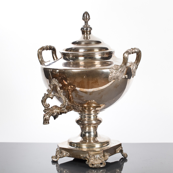 VICTORIAN SHEFFIELD PLATE SAMOVAR of circular urn form, the cover with acorn finial, having