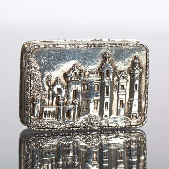 VICTORIAN SILVER `CASTLE TOP` VINAIGRETTE BY NATHANIEL MILLS the hinged lid cast in relief with