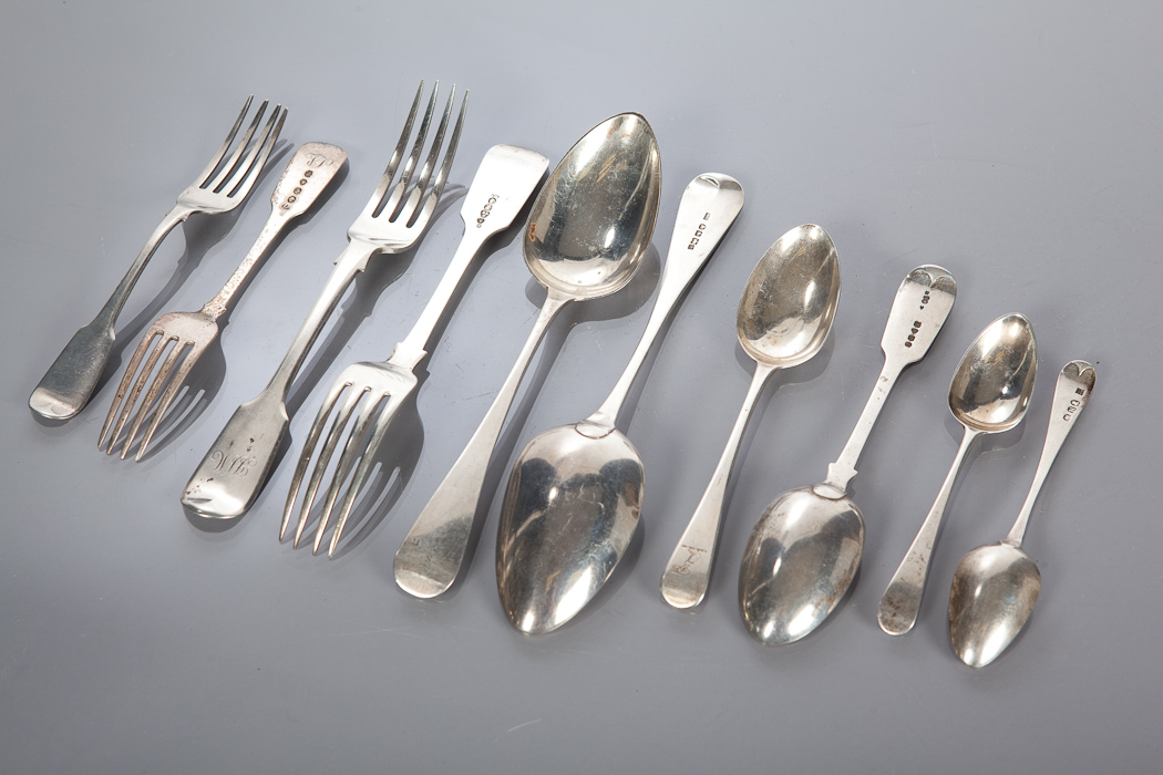 COLLECTION OF GEORGIAN AND LATER SILVER FLATWARE set of six Newcastle silver fiddle pattern tea