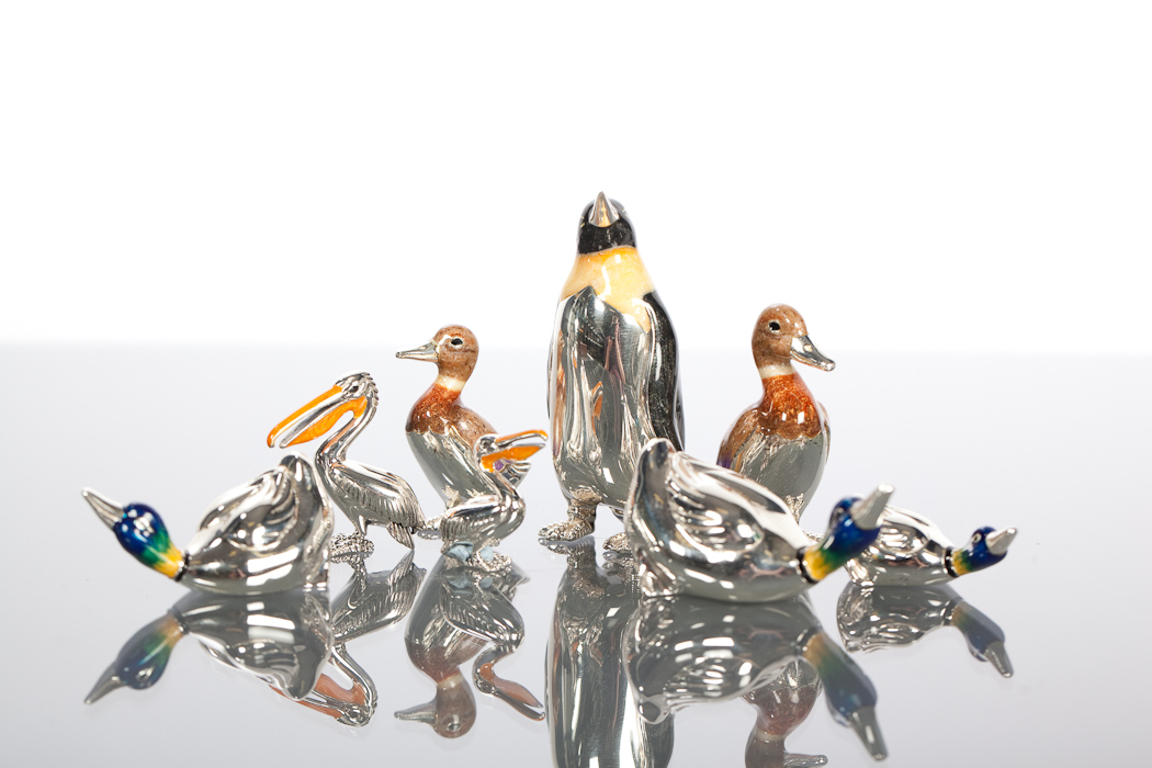 COLLECTION OF EIGHT CONTEMPORARY ENAMEL SILVER BIRDS comprising five mallard ducks, pair of