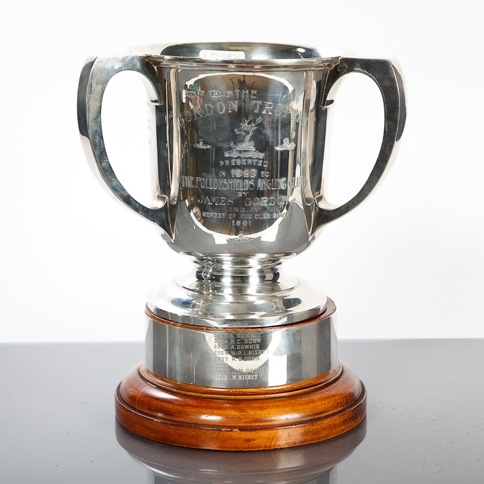 THE GORDON TROPHY a silver three handled trophy awarded in 1929 to the Pollokshields Angling Club,