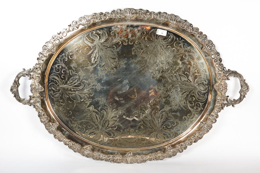 IMPRESSIVE VICTORIAN SILVER PLATED OVAL TWO-HANDLED TRAY with cast lily patterned border and and