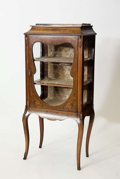 LATE VICTORIAN MAHOGANY MARQUETRY DISPLAY CABINET on cabriole legs, 150cm high