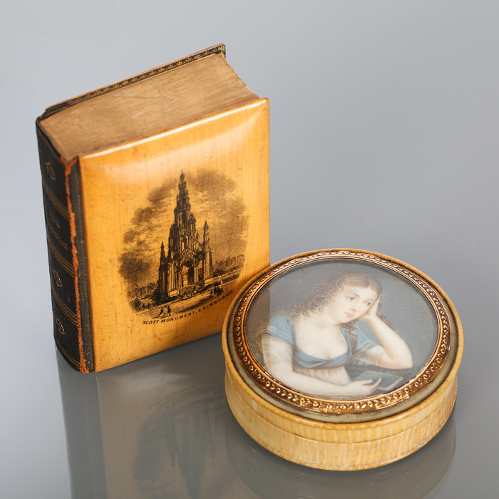 VICTORIAN IVORY CIRCULAR BOX the detachable lid inset with a half-length miniature portrait of a