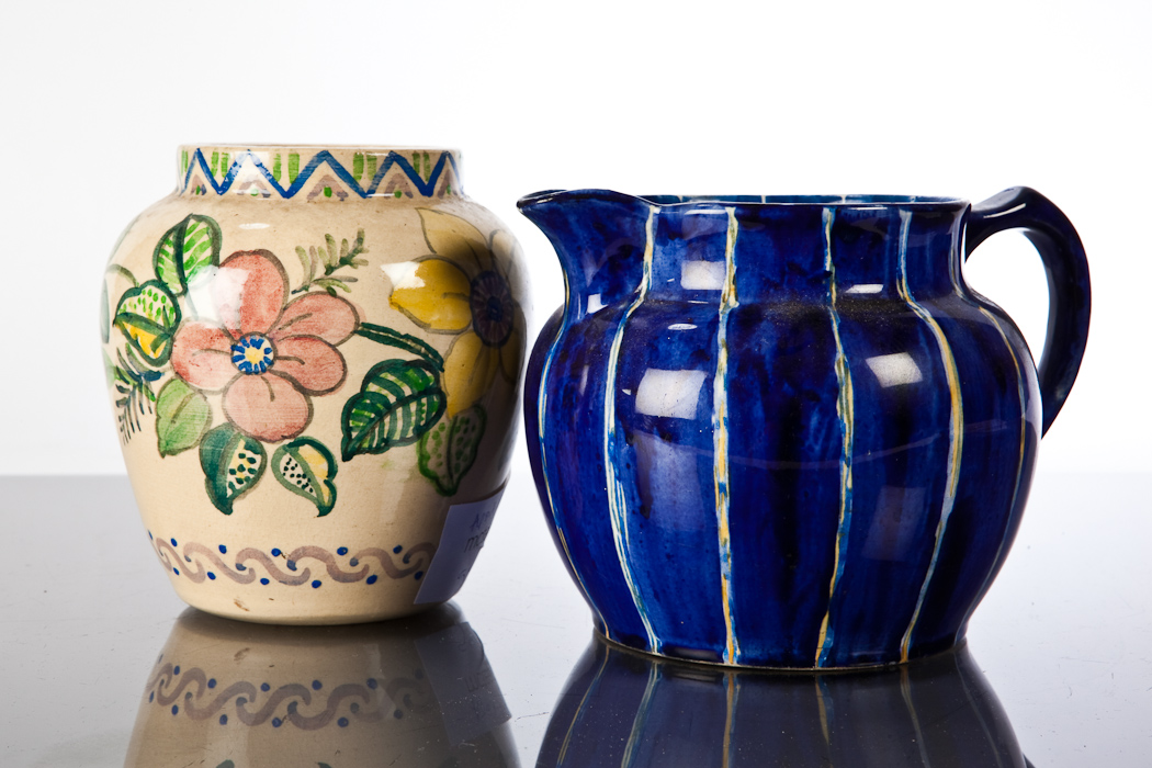 GROUP OF MARY FAIRGRIEVE CERAMICS Including a large jug of dark blue colour and yellow vertical