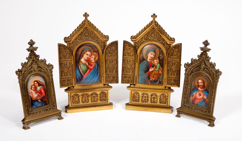 A PAIR OF BRASS FRAMED RELIGIOUS SHRINE TYPE MINIATURE PAINTINGS ON PORCELAIN, 
one depicting the