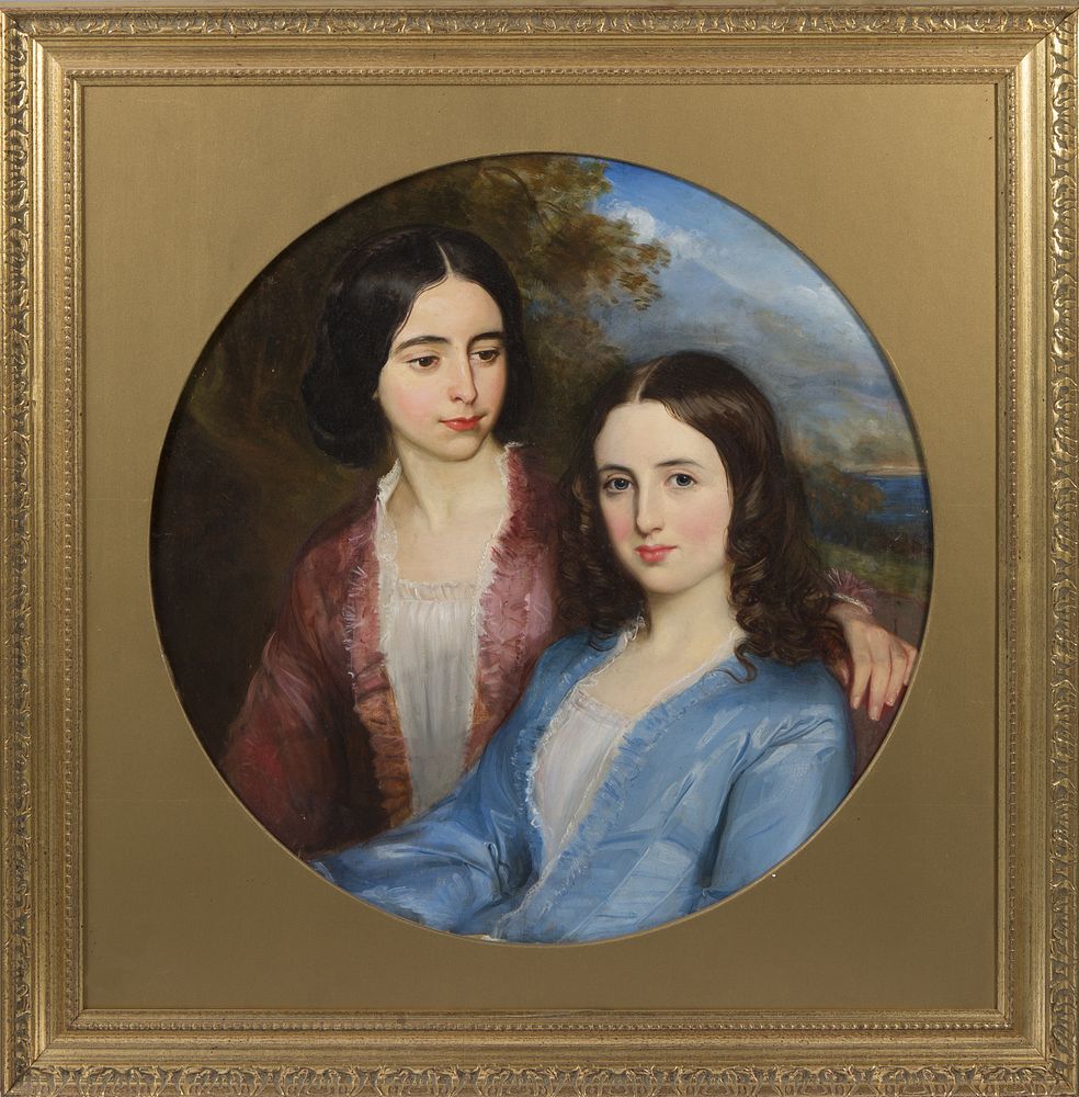 19TH CENTURY IRISH SCHOOL,
Two Girls seated in a Landscape, oil on canvas, tondo 27.5in (70cm)h. (