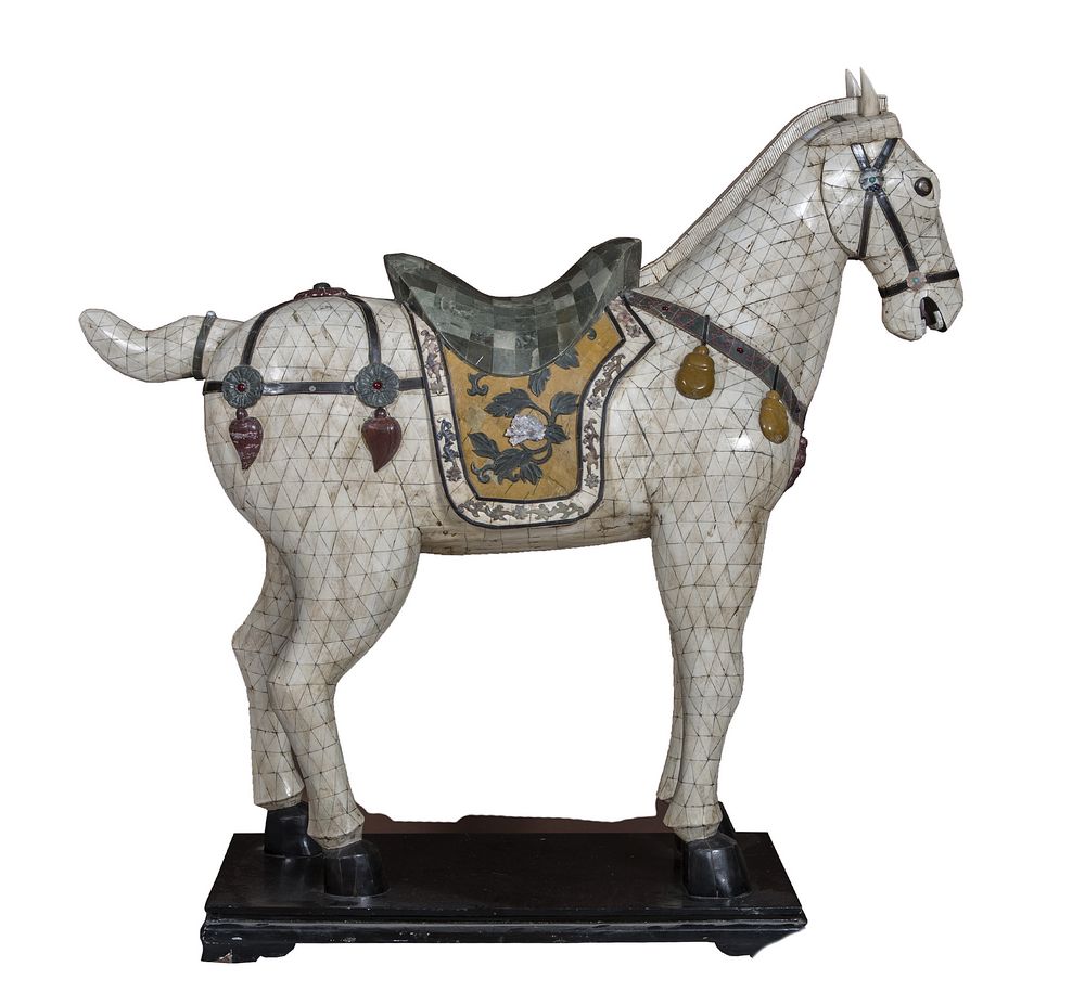AN ALMOST LIFE SIZE CHINESE BONE VENEERED CHINESE MODEL OF A SADDLED HORSE, 
veneered in geometric