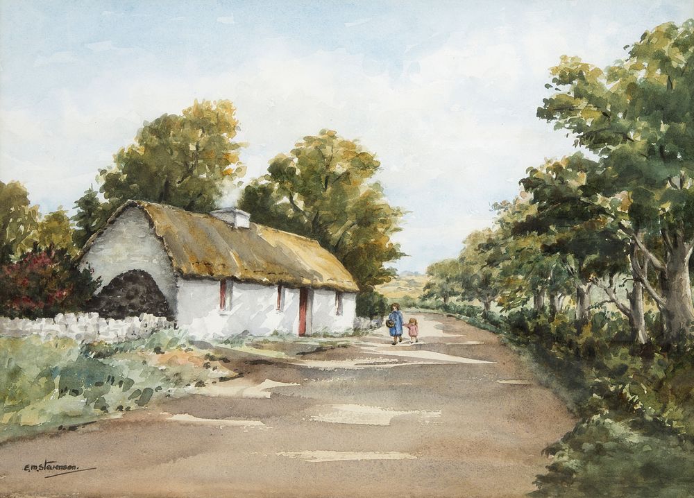 E.N. STEVENSON (20TH/21ST CENTURY IRISH),
Roadside Thatched Cottage, with Two Figures, Co. Galway,