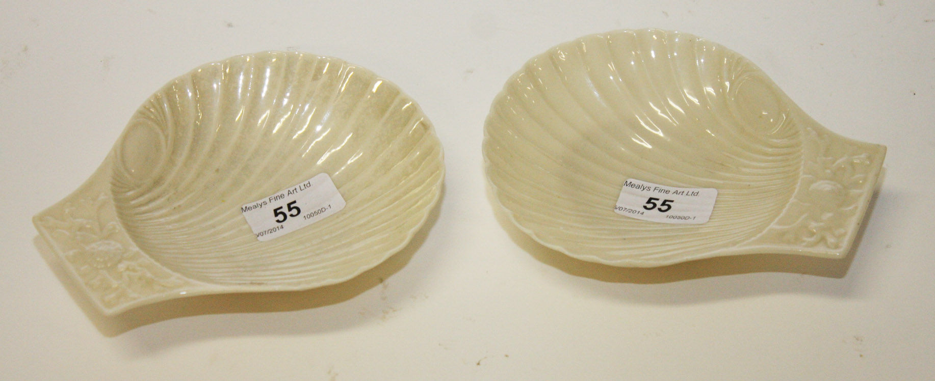 A PAIR OF BELLEEK SCALLOP SHELL BUTTER DISHES,
first period (1863-1890), 6" (15cm). (1).