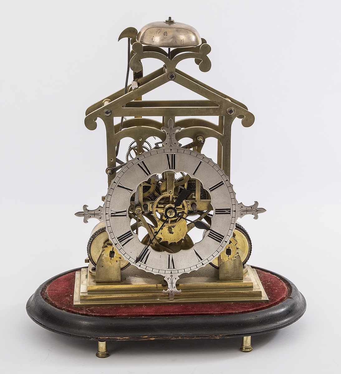 A VERY UNUSUAL AND RARE DOUBLE FUSEE BRASS SKELETON CLOCK, 
19th century, with full repeat and