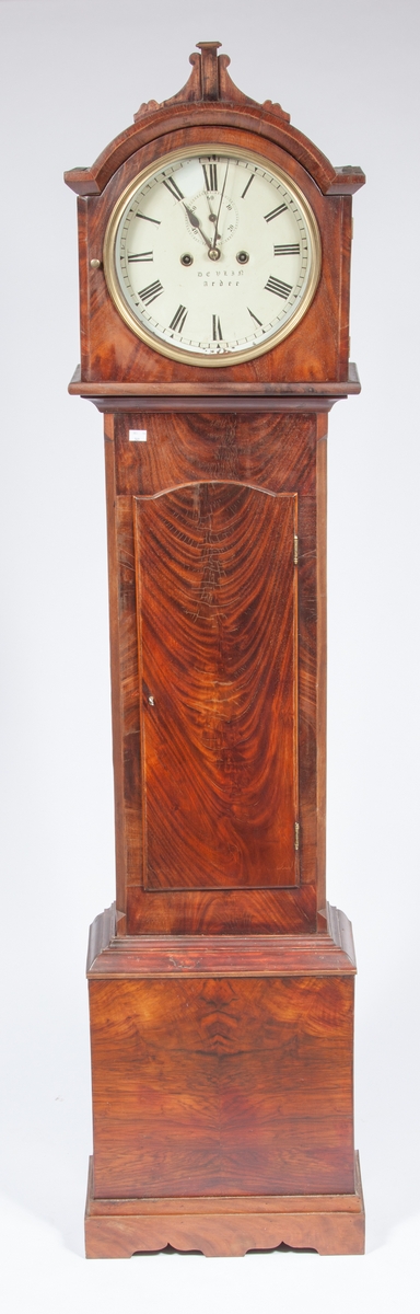 A VICTORIAN MAHOGANY LONG CASE CLOCK, 
the arched top above a circular painted dial signed Devlin