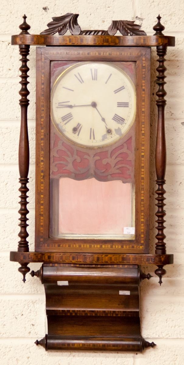 #### WITHDRAWN####A VICTORIAN WALNUT AND PARQUETRY DROP DIAL WALL CLOCK, 
with circular painted dial