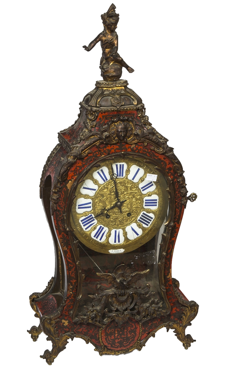 A 19TH CENTURY FRENCH BOULLE BRACKET CLOCK, 
by F. Roux of Paris, the dome top surmounted with a