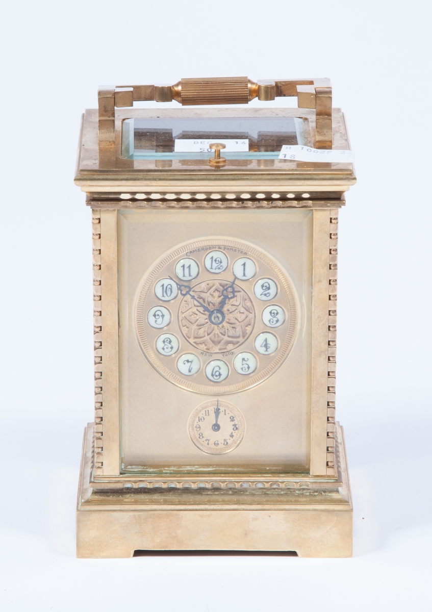 A HEAVY FRENCH BRASS FIVE GLASS REPEATER CARRIAGE CLOCK, 
the circular dial with raised Arabic