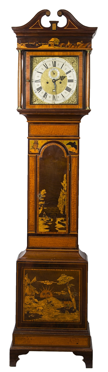 A VERY UNUSUAL SATINWOOD YEW WOOD AND MAHOGANY LONG CASE CLOCK, 
profusely inlaid with Dutch