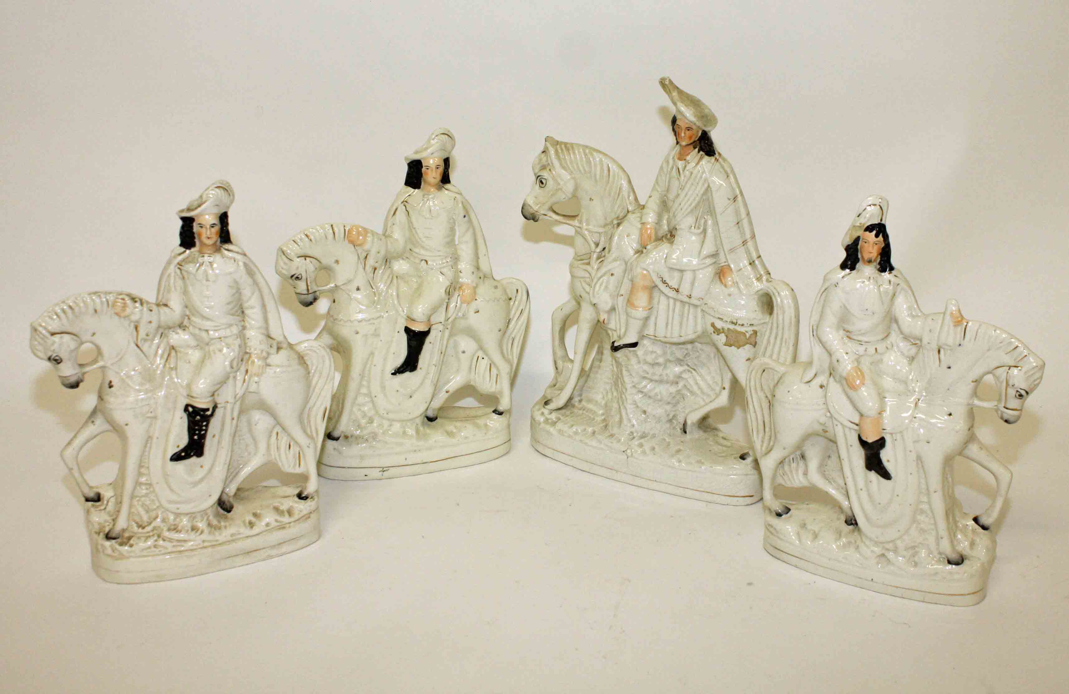 A 19TH CENTURY STAFFORDSHIRE FLATBACK GROUP, depicting Bonny Prince Charles on Horseback, 15in (