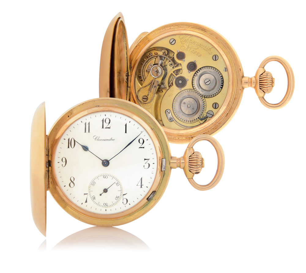 JACQUET & CIE CHRONOMETRE N. 6889 DEL 1900 CA. C. solid, hunter case, 18K yellow gold guilloché (