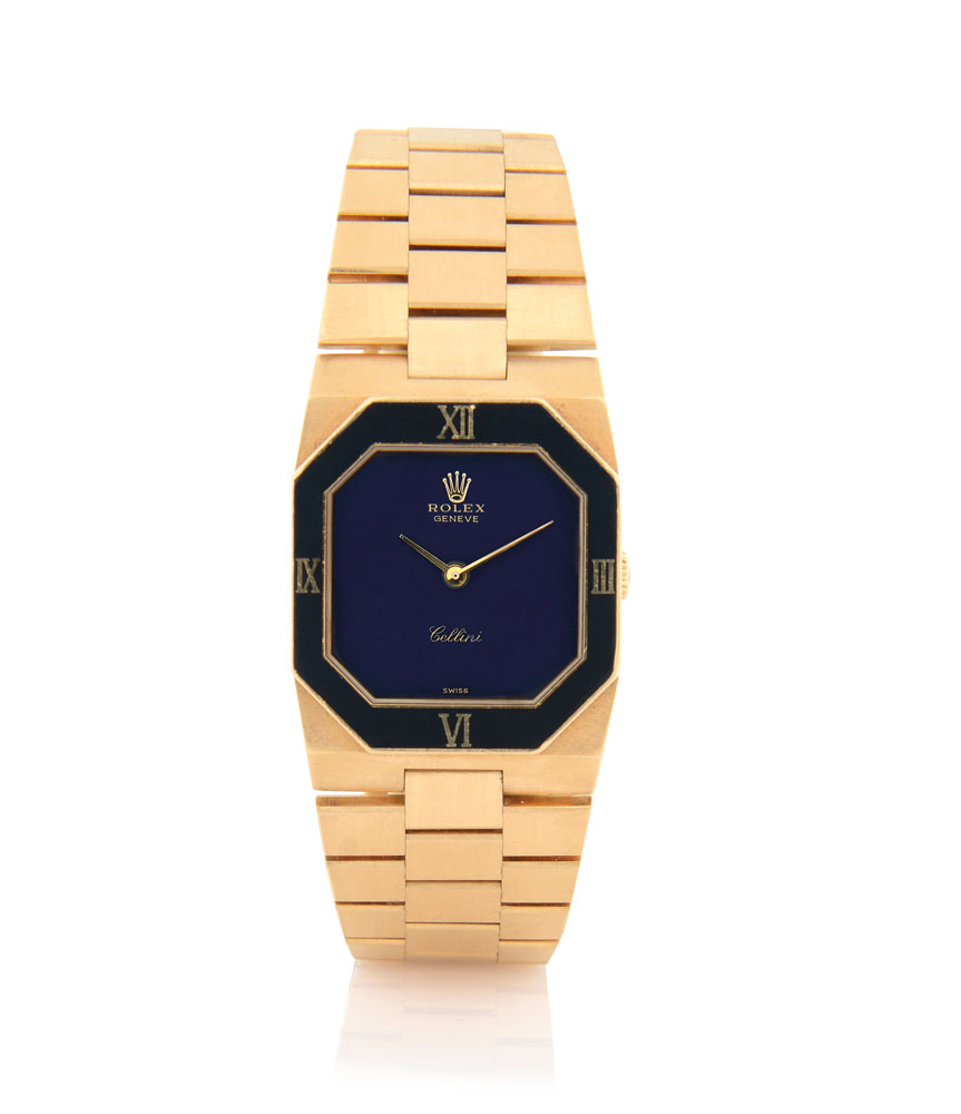 ROLEX CELLINI REF. 4353 DEL 1979 CA.  C. rectangular, 18K yellow gold, octagonal blue bezel with