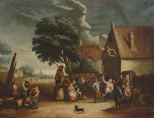 PITTORE DEL XX SECOLO Scena di festa in cortile (da Teniers) Olio su tela, cm 90x116,5.